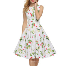 European Women′s Summer Sleeveless Sexy Cherry Printing Dress